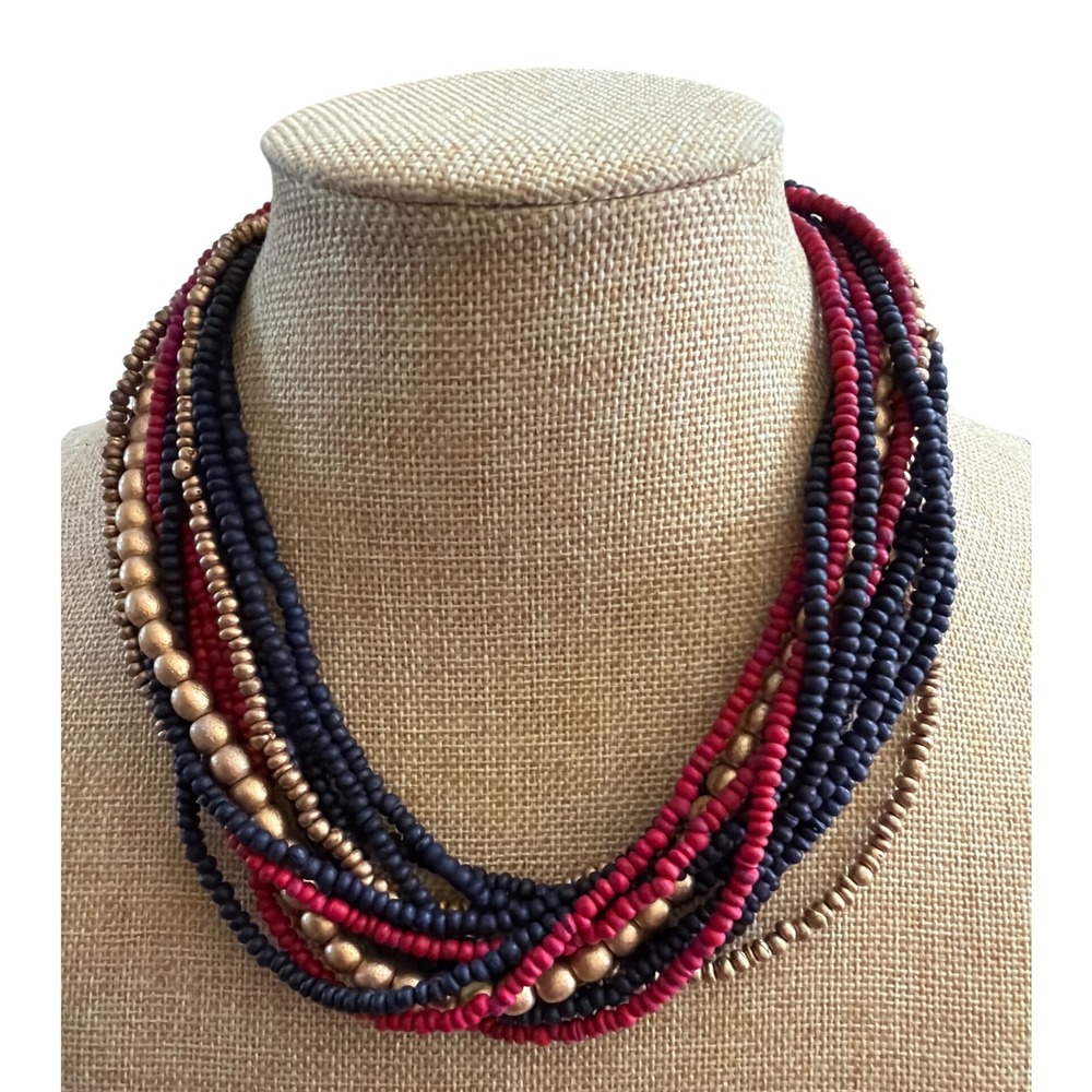Casual Corner Multi Strand Seed Bead Necklace Navy Blue Red Boh Lauering